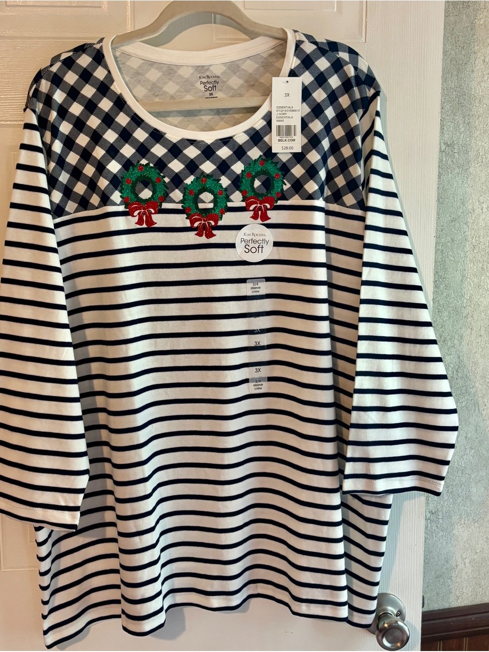 NWT Kim Rogers Perfectly Soft Christmas Wreath Striped Top 3X Holiday